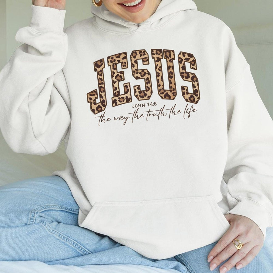 Jesus Leopard Print Hoodie | John 14:6 Bible Verse Graphic | Premium Cotton-Poly Blend | Christian Faith Gift for Women & Men