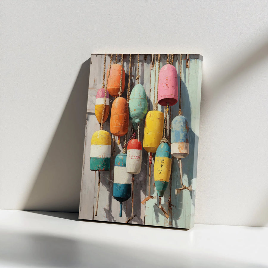 Coastal Lobster Buoys Canvas | Colorful Rustic Fishing Buoy Print | Premium Thick Gallery Wrap | Nautical Home Decor Gift