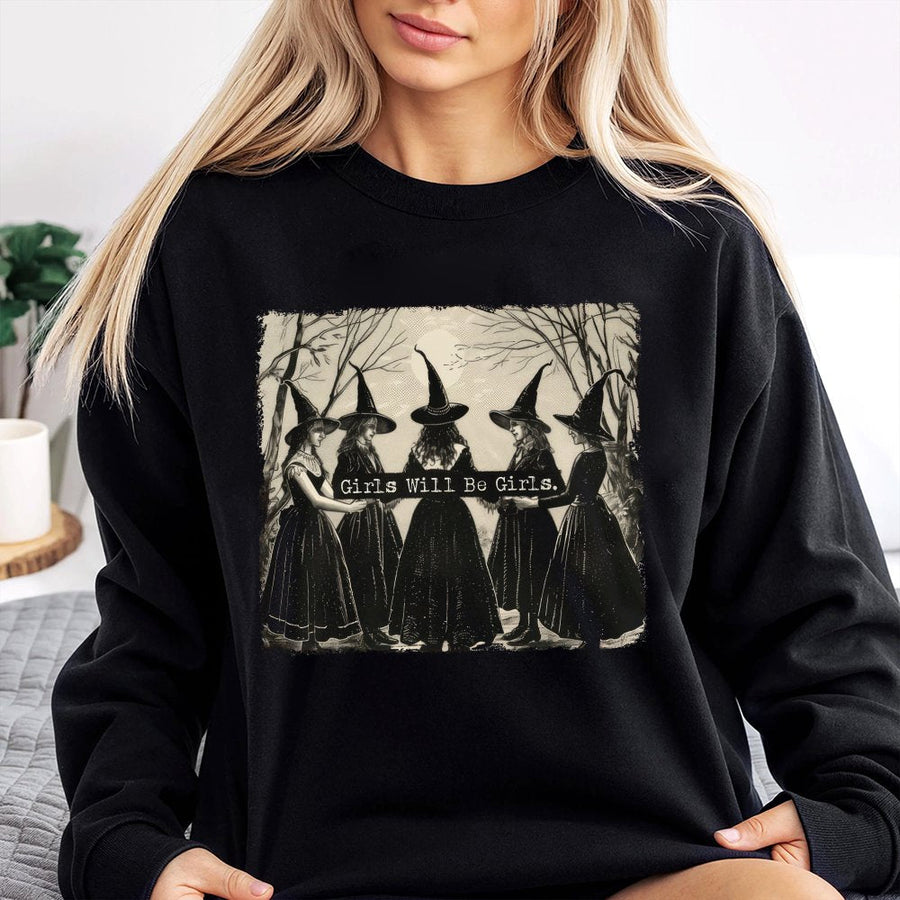 Girls Will Be Girls Witch Sweatshirt | Vintage Aesthetic Gothic Design | Premium Cotton-Poly Blend | Cozy Halloween Gift for Women