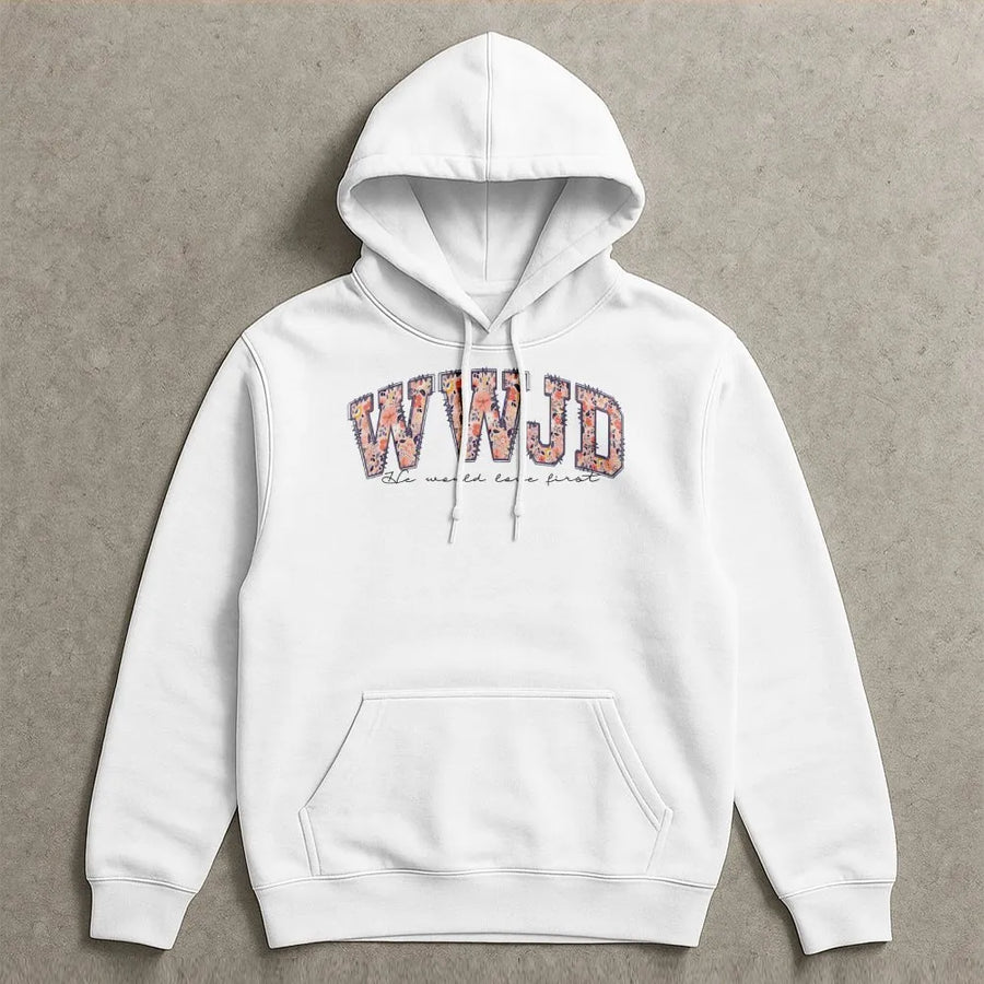 WWJD Christian Hoodie | Aesthetic Floral Varsity Letters Design | Premium Cotton | What Would Jesus Do Faith Gift for Women