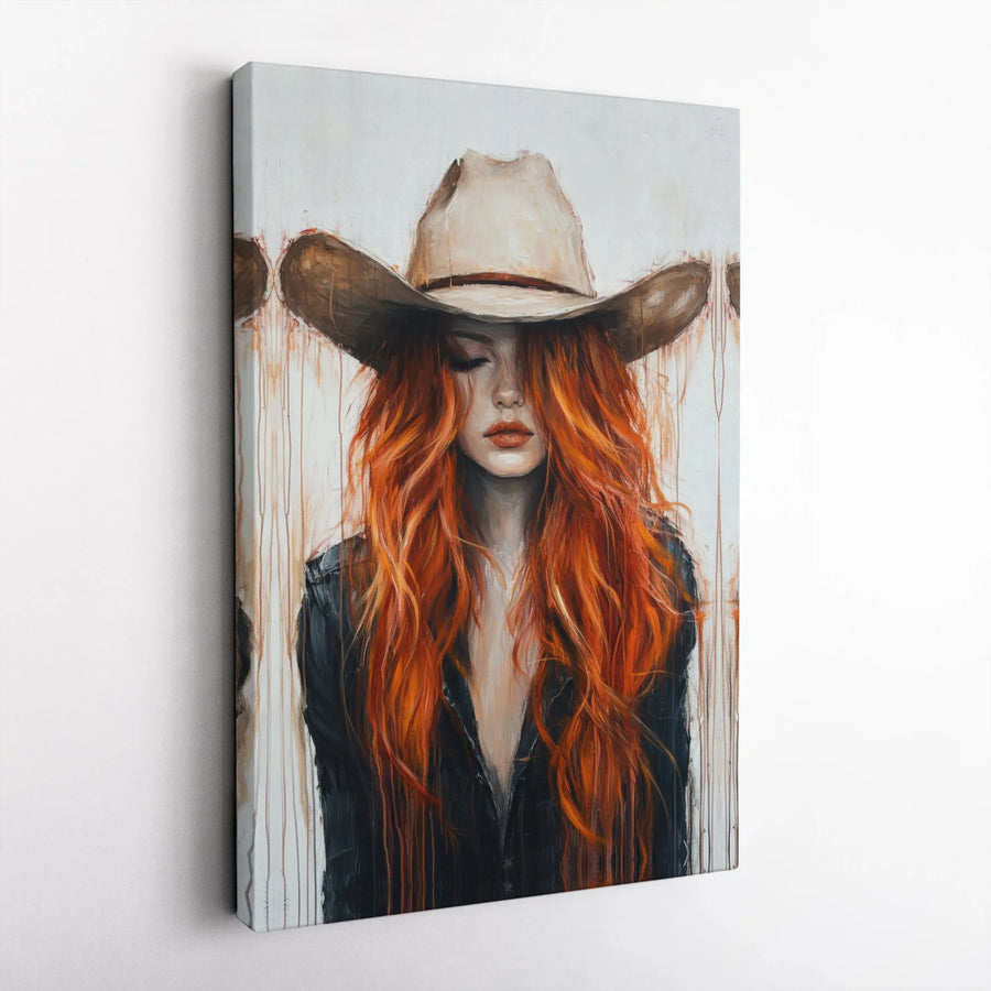 Western Cowgirl Canvas Wall Art | Red-Haired Woman Portrait | Premium Gallery-Wrapped Print | Rustic Home Decor Gift for Her