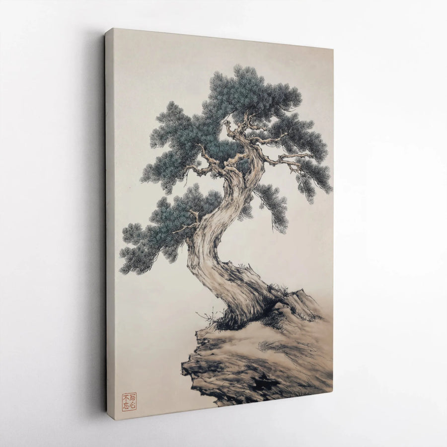 Traditional Ink Wash Pine Tree Canvas Wall Art | Japanese Zen Bonsai Aesthetic | 1.25" Premium Gallery Profile | Minimalist Office & Home Decor Gift