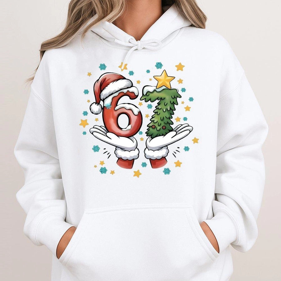 67 Christmas Hoodie | Funny Santa Hands Number Graphic | Cotton Blend Unisex Pullover | Holiday Party Gift for Meme Lovers