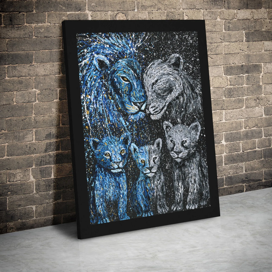 Lion Family Canvas Wall Art | Abstract Splatter Blue and Gray Pride | Premium Gallery Wrap Print | Modern Wildlife Home Decor Gift