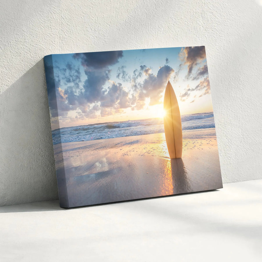 Surfboard at Sunrise Canvas Wall Art | Coastal Ocean Photography | Premium Fade-Resistant Print | Beach House Decor Gift for Surfers