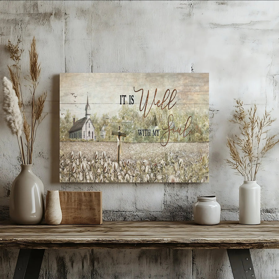 It Is Well With My Soul Wall Art | Rustic Church & Cotton Field Canvas | Premium Gallery Wrap Decor | Inspirational Religious Gift for Home