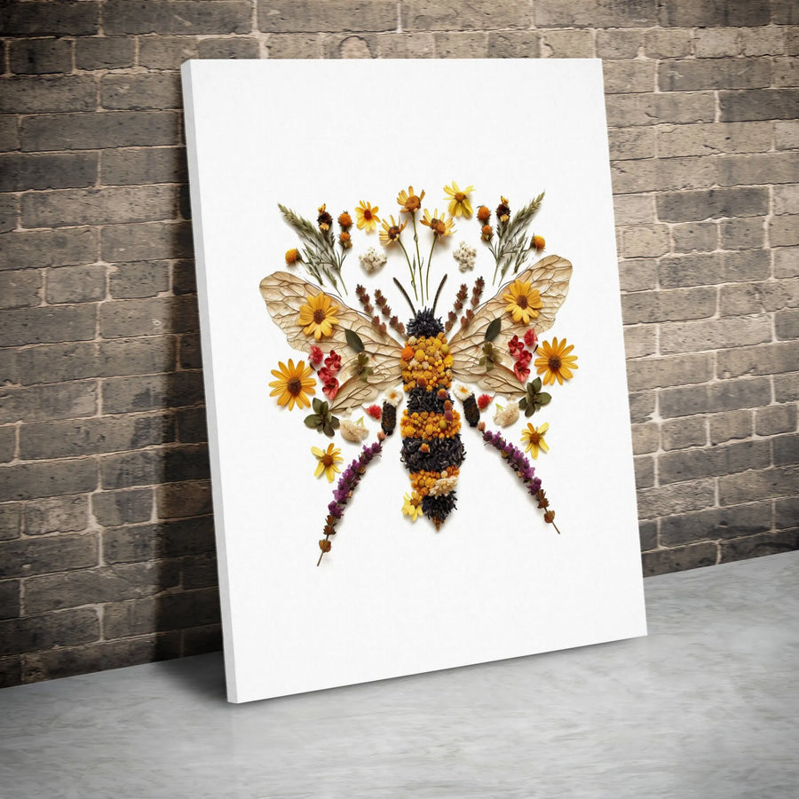 Pressed Flower Bee Wall Art | Botanical Insect Nature Print | Premium Gallery Wrapped Canvas | Gift for Garden and Cottagecore Lovers