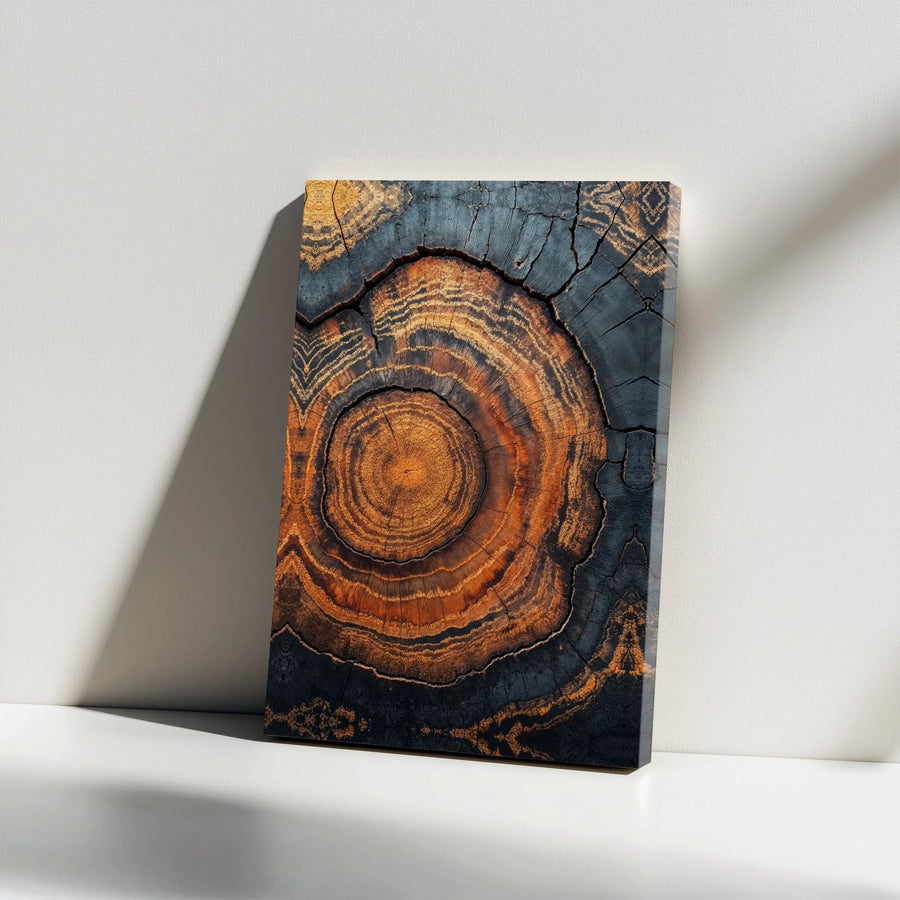 Abstract Tree Ring Canvas Wall Art | Burnt Orange and Charcoal Wood Slice Print | Premium 1.25" Gallery Wrap | Modern Nature Decor for Living Room