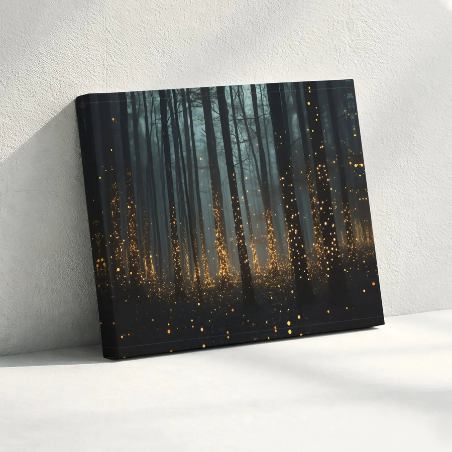 Misty Forest Canvas Wall Art | Glowing Firefly Fairy Lights Design | Premium 1.25" Thick Gallery Wrap | Enchanting Nature Home Decor Gift