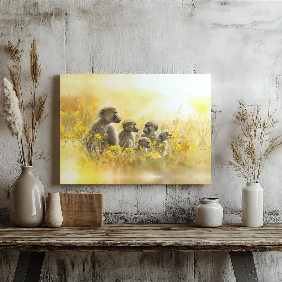 Baboon Family Canvas Wall Art | Sunny Wildlife Meadow Portrait | Premium Gallery Wrap Print | Nature Inspired Home Decor for Living Room