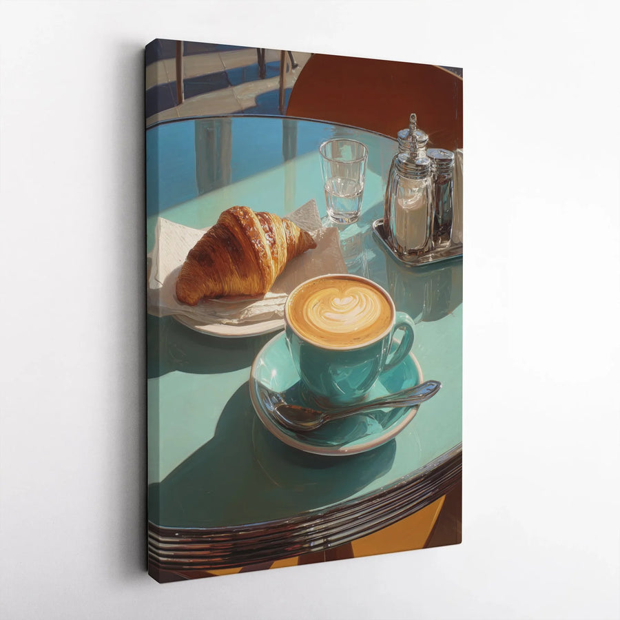 Coffee and Croissant Canvas Wall Art | Realistic French Cafe Scene | Premium Gallery Wrapped Print | Kitchen & Dining Room Decor Gift