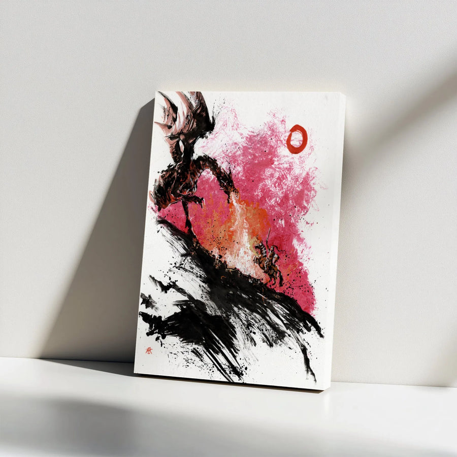 Dragon Slayer Canvas Wall Art | Japanese Ink Wash Style Knight Battle | Premium 1.25" Gallery Wrap | Fantasy Epic Decor Gift