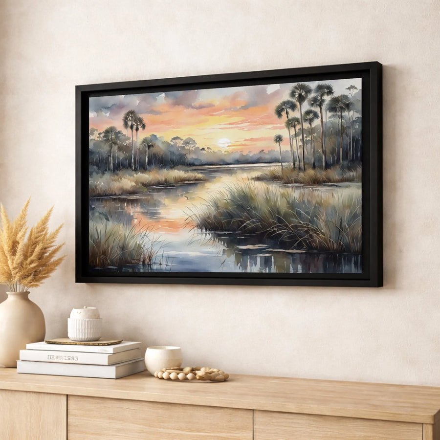 Florida Marsh Sunset Canvas Art | Watercolor Palm Tree Landscape Print | Premium Gallery-Wrapped Wall Decor | Coastal Home Office Gift