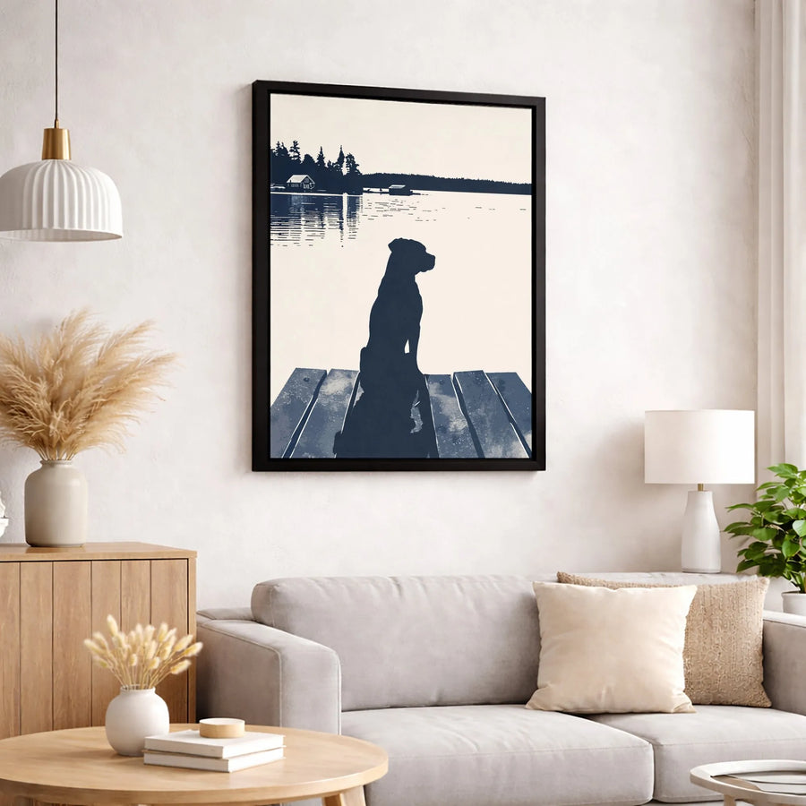 Dog Silhouette Canvas Wall Art | Serene Lakeside Dock Landscape | Gallery-Quality 1.25-Inch Profile | Premium Home Decor Gift for Dog Lovers