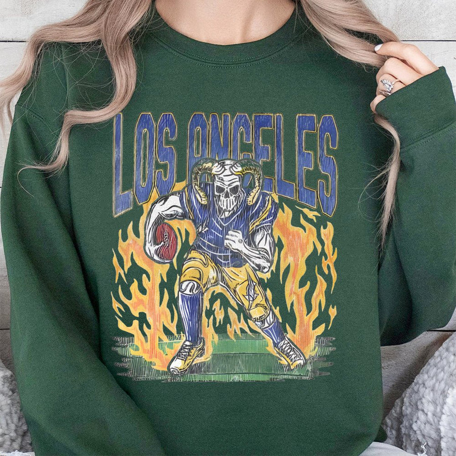Los Angeles Rams Skeleton Football Player With Flames Sweatshirt