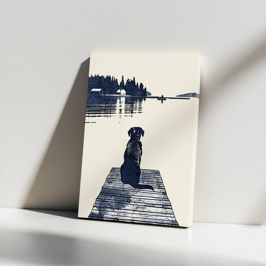 Black Labrador Dog Canvas Print | Lakeside Dock Wall Art | Gallery Wrapped Premium Canvas | Dog Lover Home Decor Gift