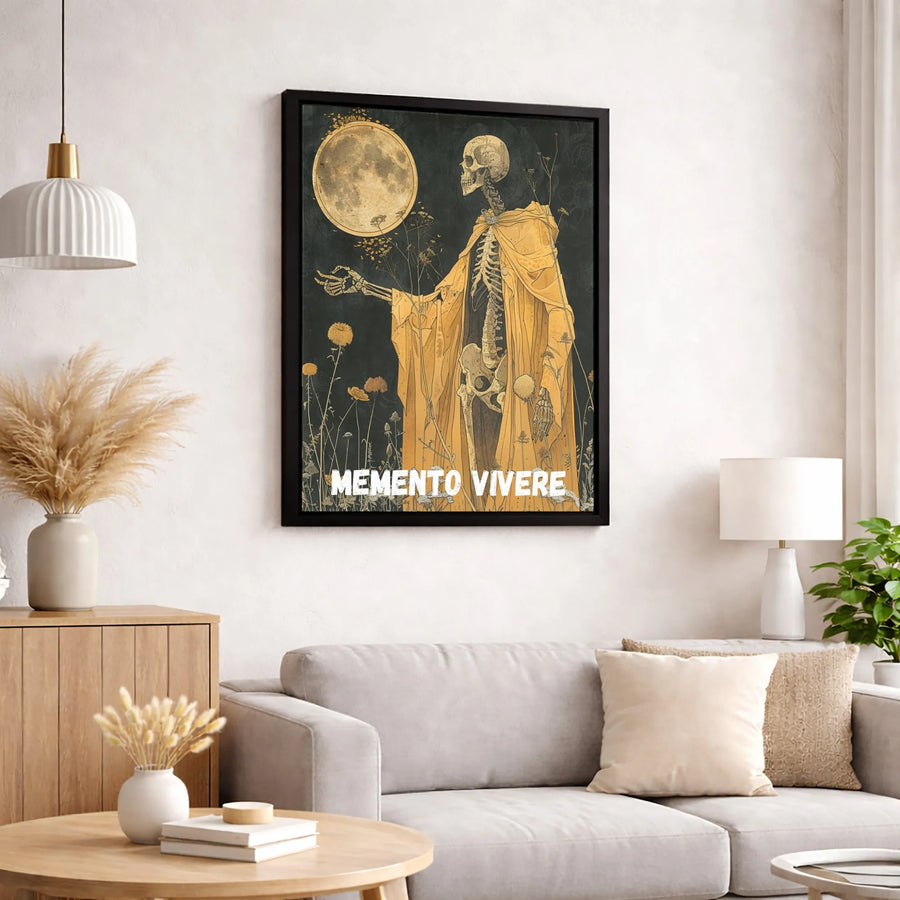 Memento Vivere Skeleton Canvas Art | Gothic Full Moon Illustration | Premium Fade-Resistant Gallery Wrap | Dark Academia Home Decor Gift