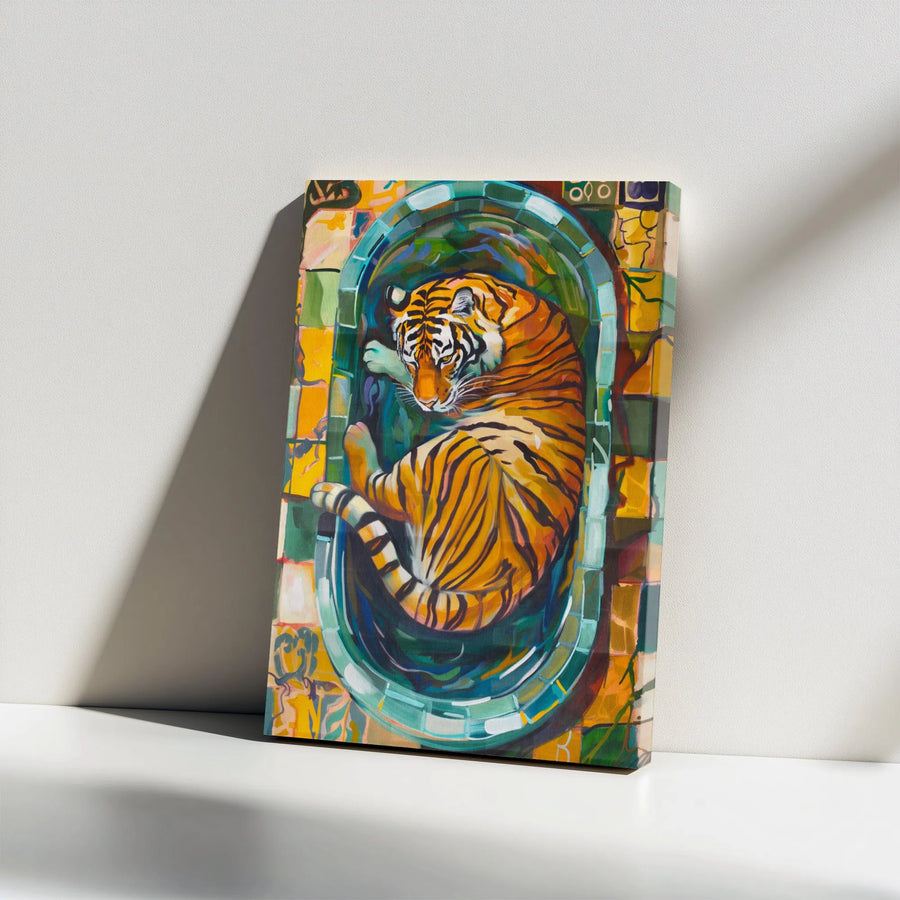 Tiger Canvas Wall Art | Colorful Mosaic Bathtub Painting | Premium Gallery Wrap Decor | Wildlife Animal Print for Home Office