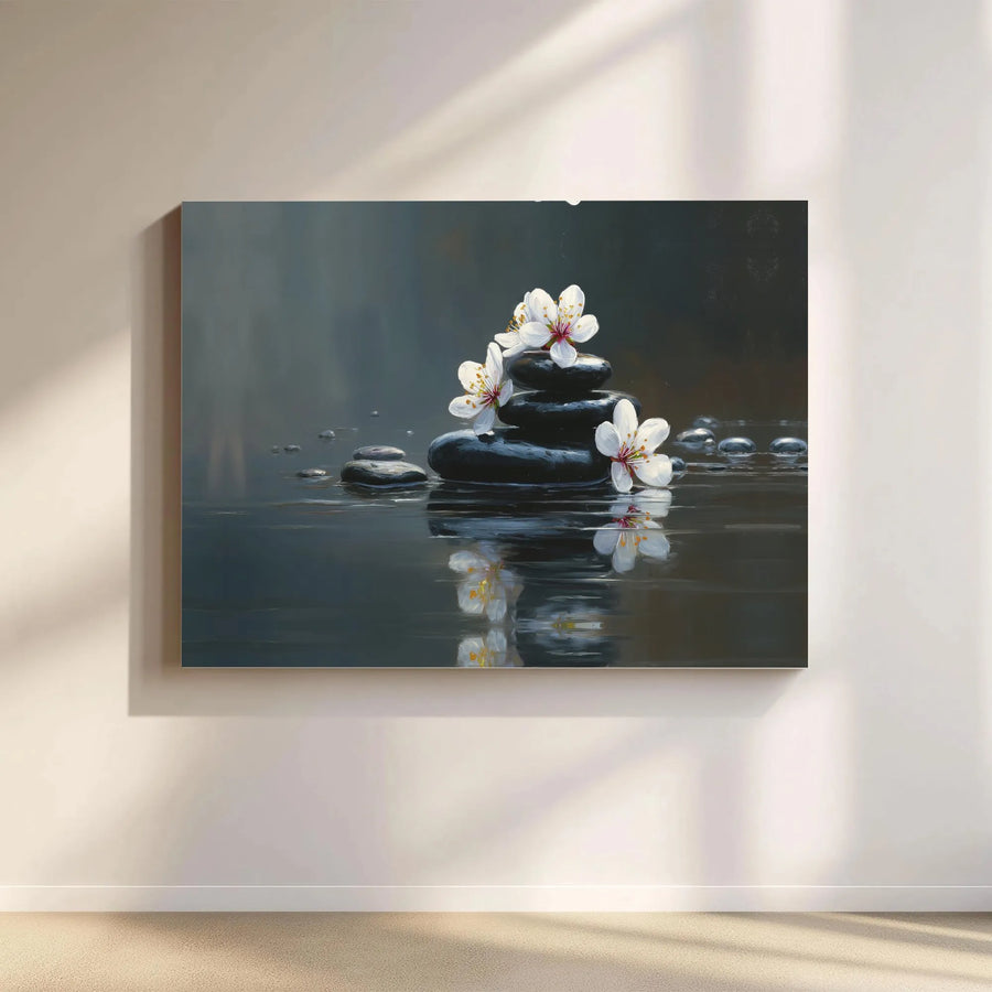 Zen Stone Canvas Wall Art | White Cherry Blossom Spa Decor | 1.25 Inch Gallery Wrap | Calming Nature Print for Home Office