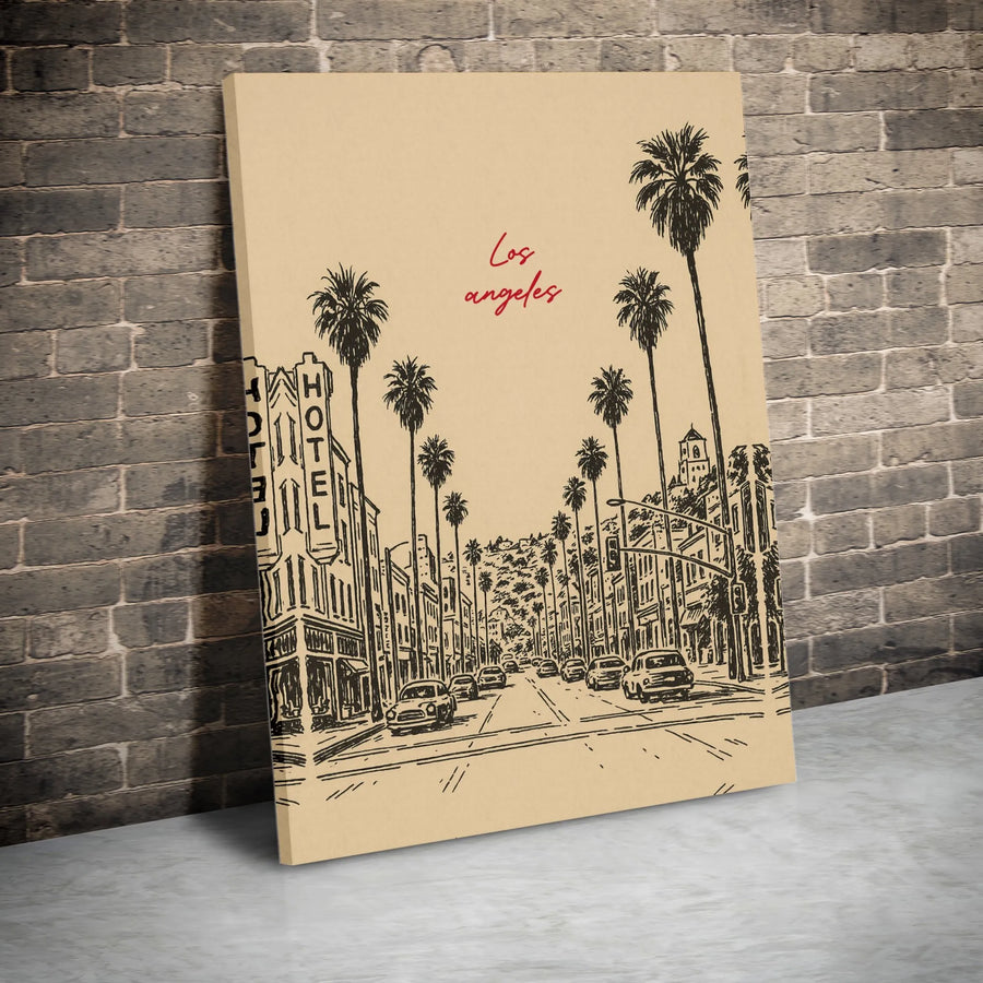Los Angeles Wall Art | Vintage Palm Tree Cityscape Sketch | Gallery Wrapped Premium Canvas | California Travel Decor Gift