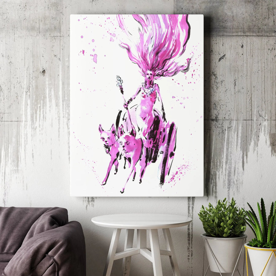 Goddess with Wolves Canvas Wall Art | Surreal Pink Watercolor Fantasy Print | 1.25-Inch Gallery Wrap | Mythological Home Decor Gift