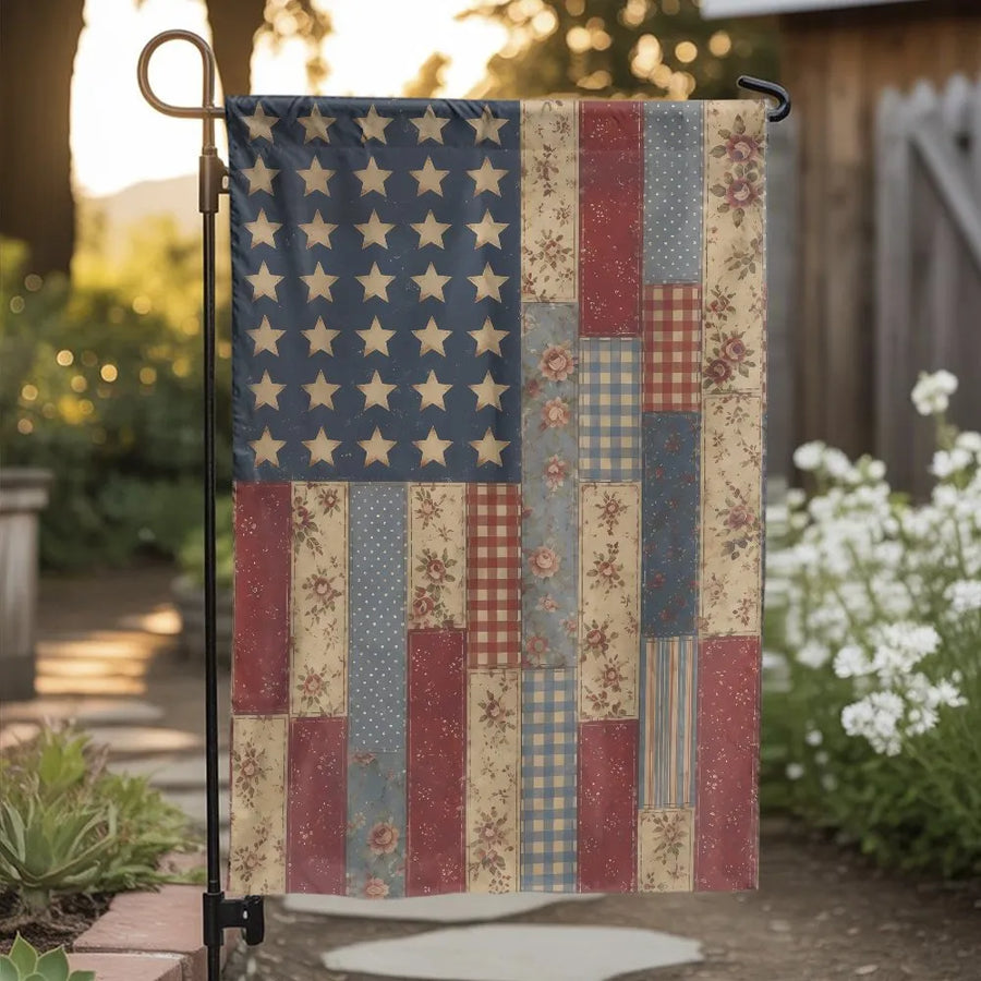 Vintage American Flag Garden Flag | Rustic Patchwork Floral & Plaid Design | Double-Sided Weather-Resistant Polyester | Patriotic Outdoor Yard Decor Gift