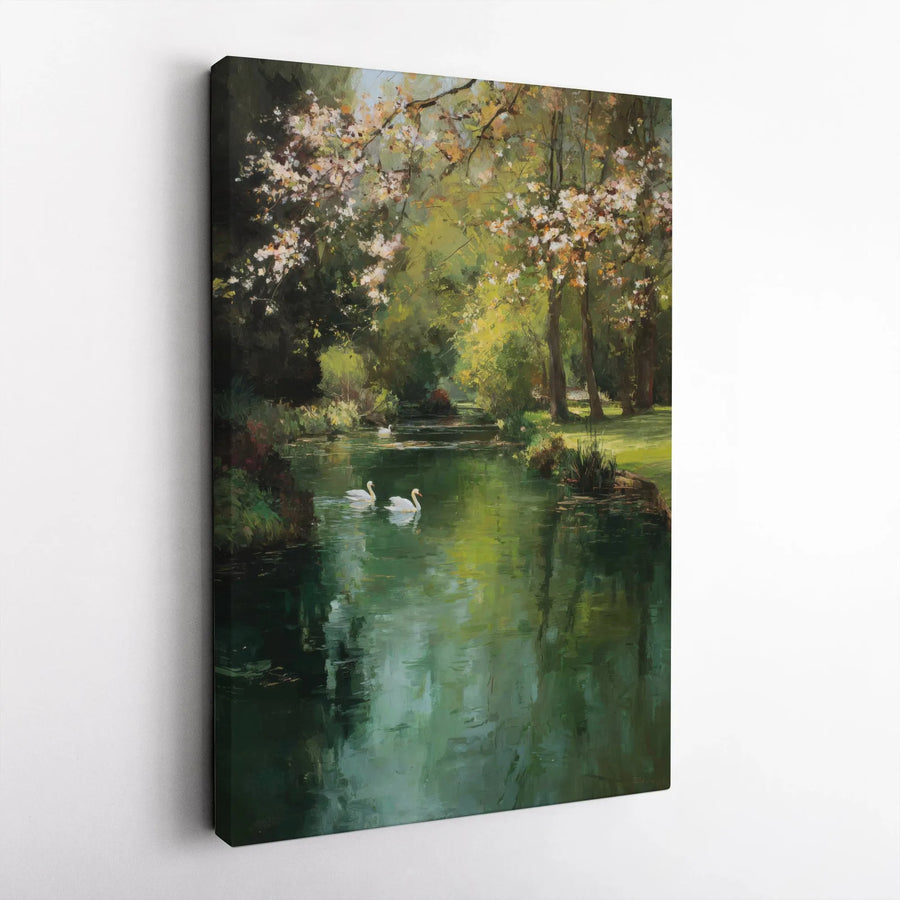 Swan Lake Canvas Print | Impressionist Spring Landscape | Premium Gallery Wrap Canvas | Living Room & Bedroom Wall Decor Gift