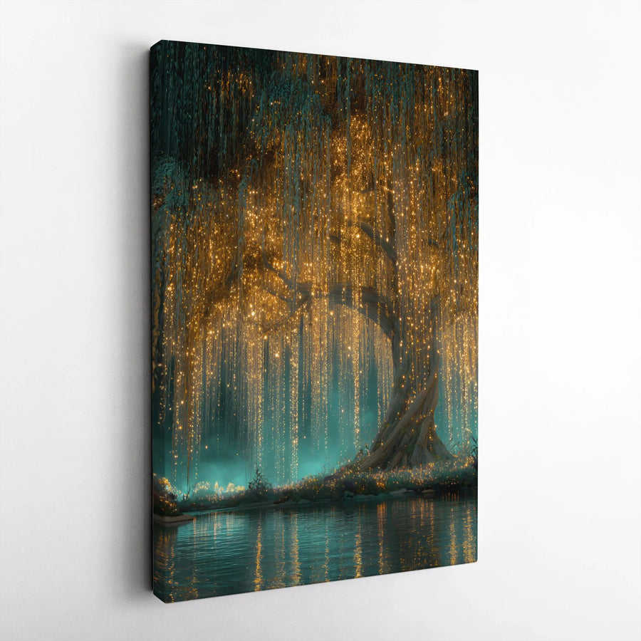 Enchanted Weeping Willow Canvas Wall Art | Glowing Lights Fantasy Forest Print | Premium Gallery Wrapped Art | Gift for Bedroom Living Room Decor