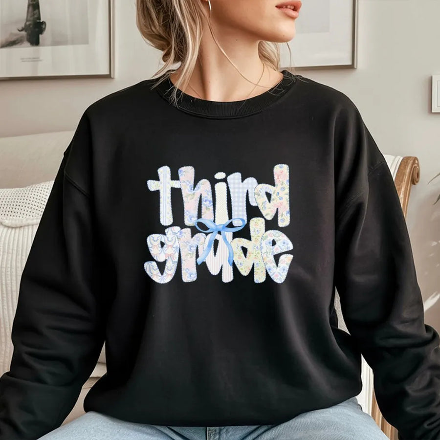 Third Grade Teacher Sweatshirt | Cute Floral Patchwork Graphic | Soft Cotton Blend Pullover | Back to School Gift for Elementary Teachers