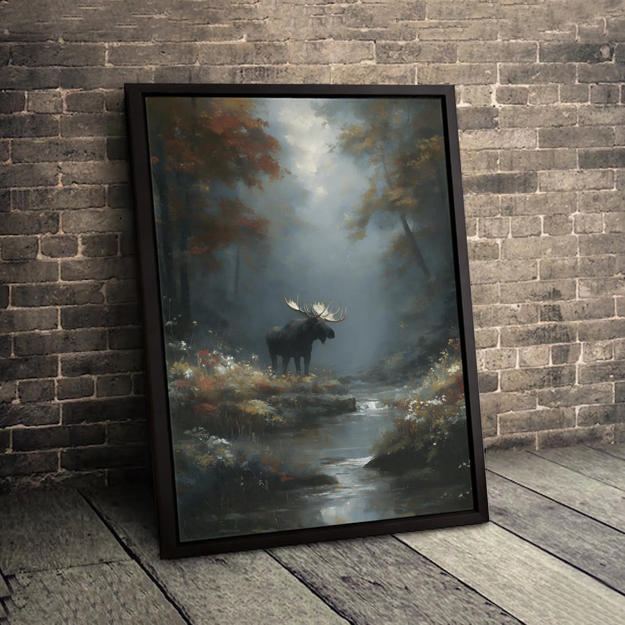 Moose Canvas Wall Art | Misty Autumn Forest Stream Painting | Premium Gallery Wrapped Decor | Wildlife Lodge Decor Nature Gift
