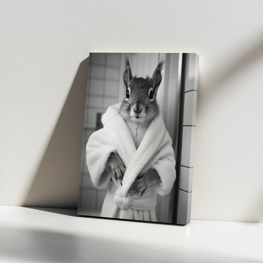Funny Squirrel in Robe Vertical Canvas | Black and White Animal Photography | Premium 1.25" Thick Wall Art | Modern Bathroom Decor Gift for Men