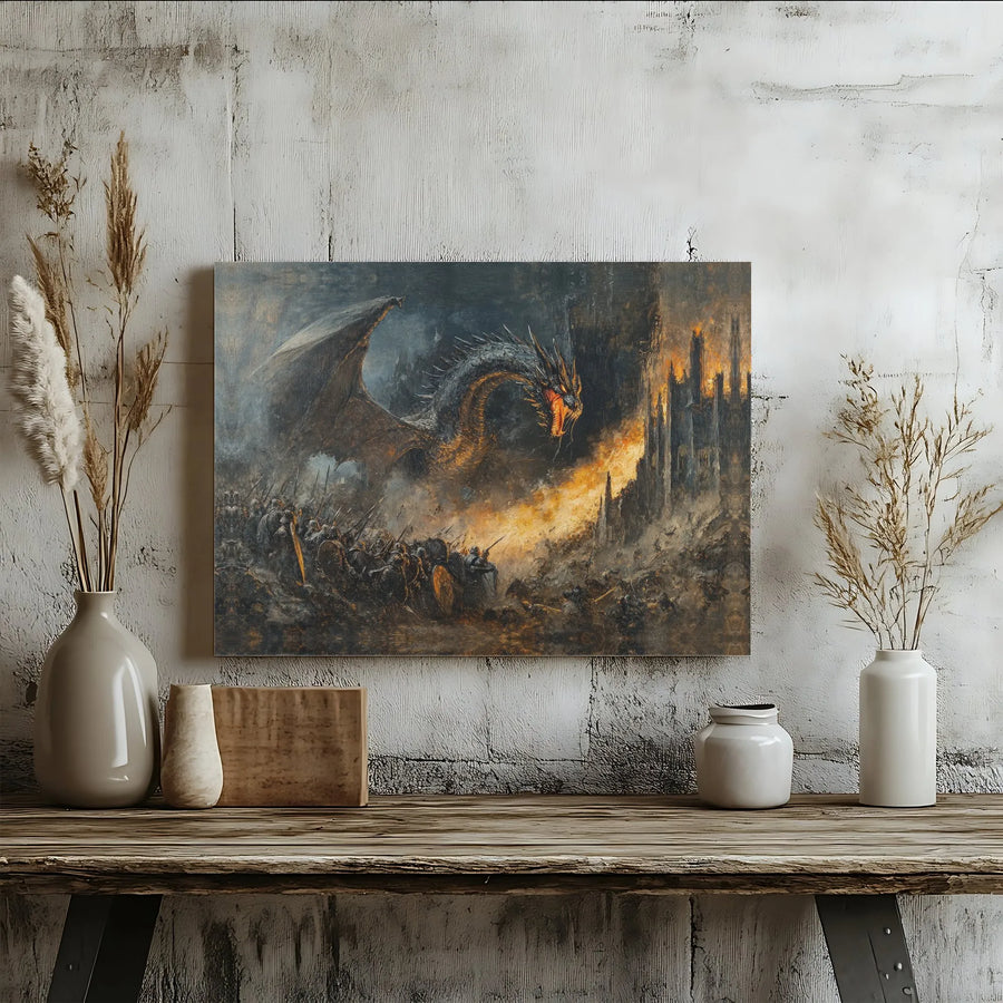 Dragon Wall Art Canvas | Epic Fantasy Battle Scene Fire Breather | Premium Gallery Wrapped Decor | Gift for Fantasy Fans & Gamer Room