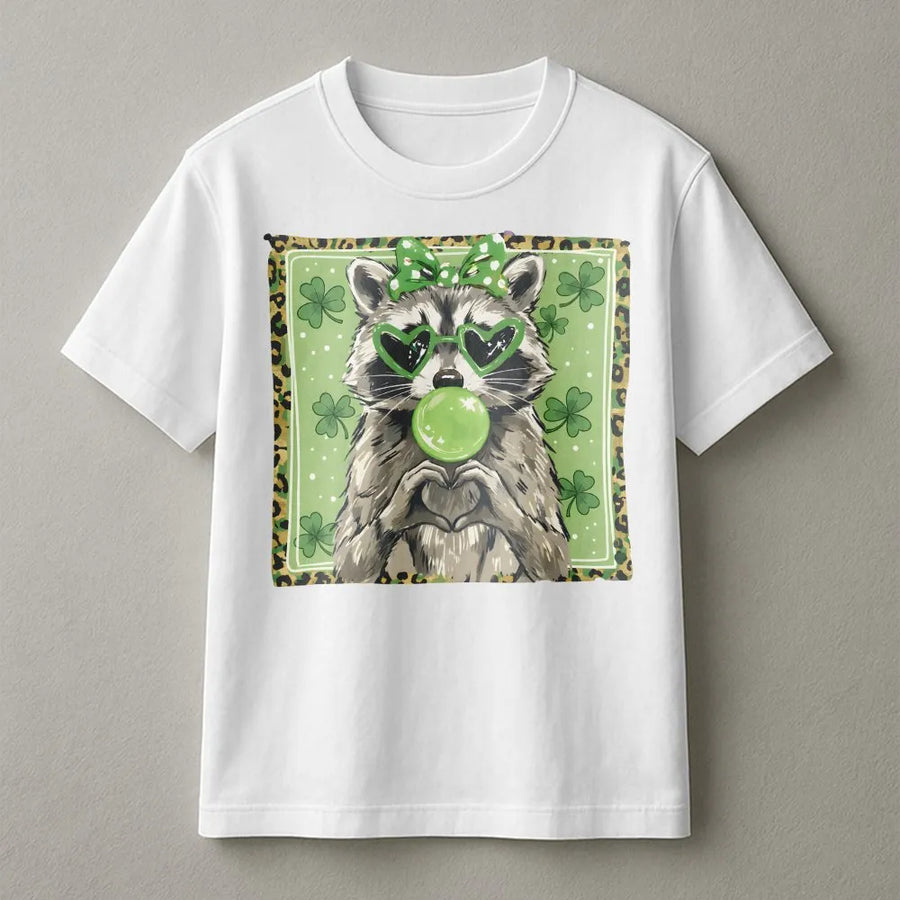 Lucky Raccoon St Patricks Day T-Shirt | Cute Shamrock Bubble Gum Graphic | 100% Premium Cotton Tee | Fun Irish Holiday Gift For Her