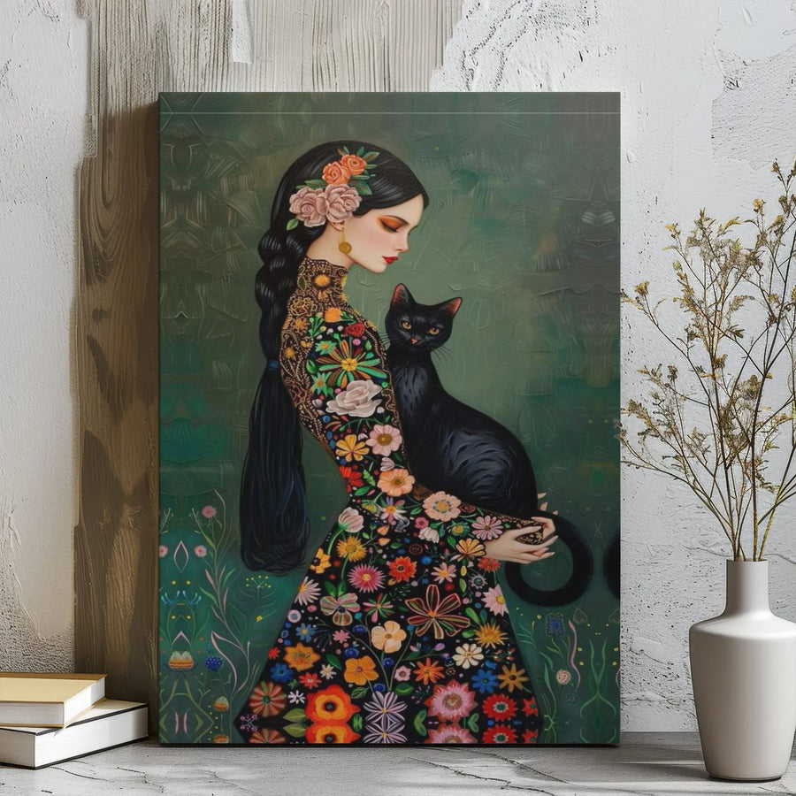 Black Cat Wall Art | Whimsical Woman in Floral Dress Illustration | Premium Gallery Wrapped Canvas | Moody Botanical Home Decor Gift