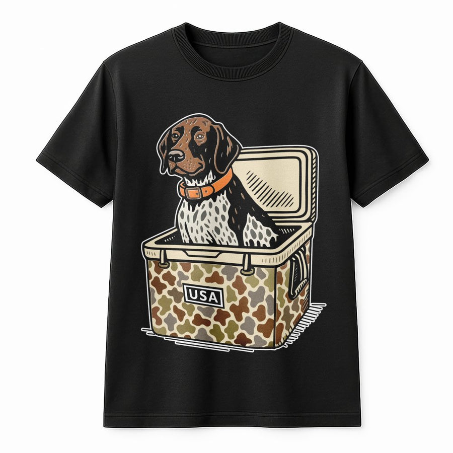 German Shorthaired Pointer T-Shirt | Hunting Dog in Camo Cooler Graphic | Premium Cotton Apparel | Gift for Bird Dog Owners and Outdoorsmen