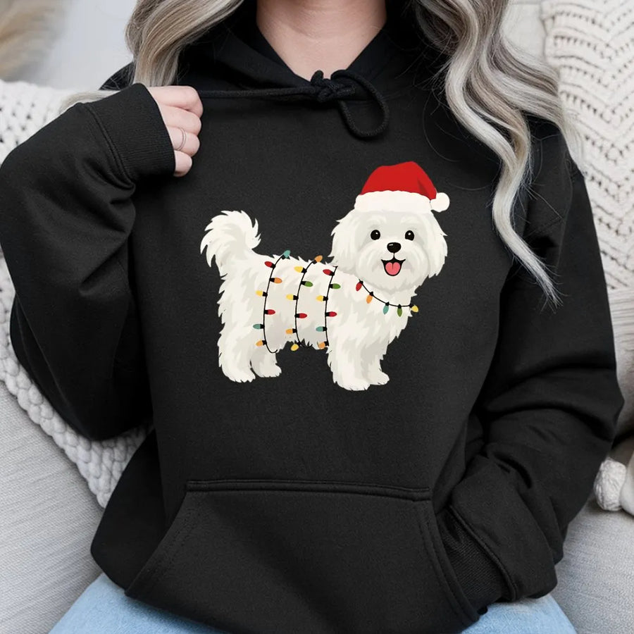Maltese Dog Christmas Hoodie | Festive Santa Hat and Lights Graphic | Premium Cotton Blend Sweatshirt | Cute Holiday Gift for Dog Lovers
