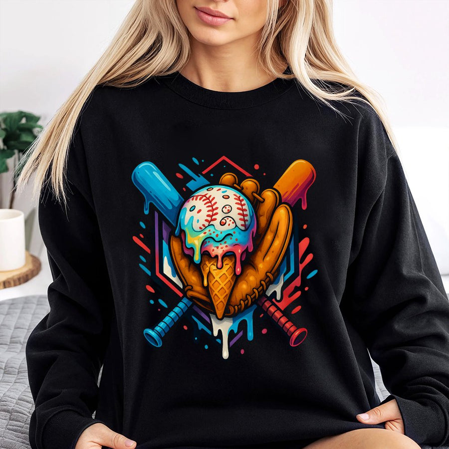 Baseball Ice Cream Drip Sweatshirt | Colorful Melting Sport Graphic | Premium Cotton Blend Crewneck | Gift for Baseball Players and Fans