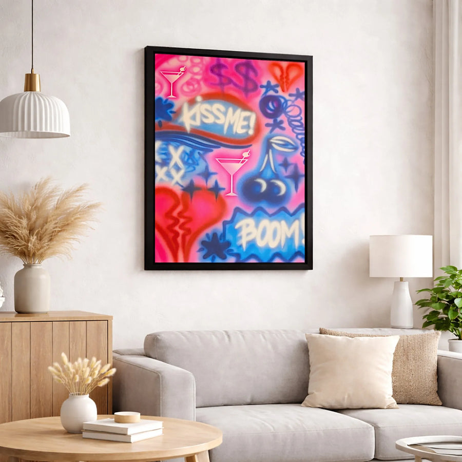 Graffiti Street Art Canvas | Kiss Me Boom Pop Art Print | Premium 1.25 Inch Gallery Wrap | Edgy Bedroom Decor Gift