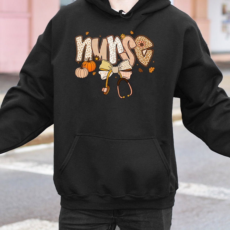 Fall Nurse Hoodie | Pumpkin Stethoscope Bow Graphic | Cotton-Blend Comfort | Cute Autumn Nursing School Graduation Gift for Her