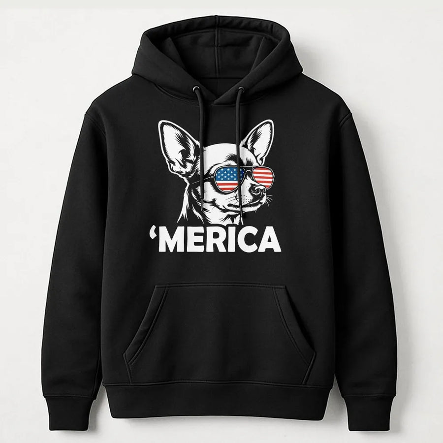 'Merica Dog Hoodie | Funny Chihuahua with American Flag Sunglasses | Premium Cotton Blend | Patriotic 4th of July Gift for Dog Lovers