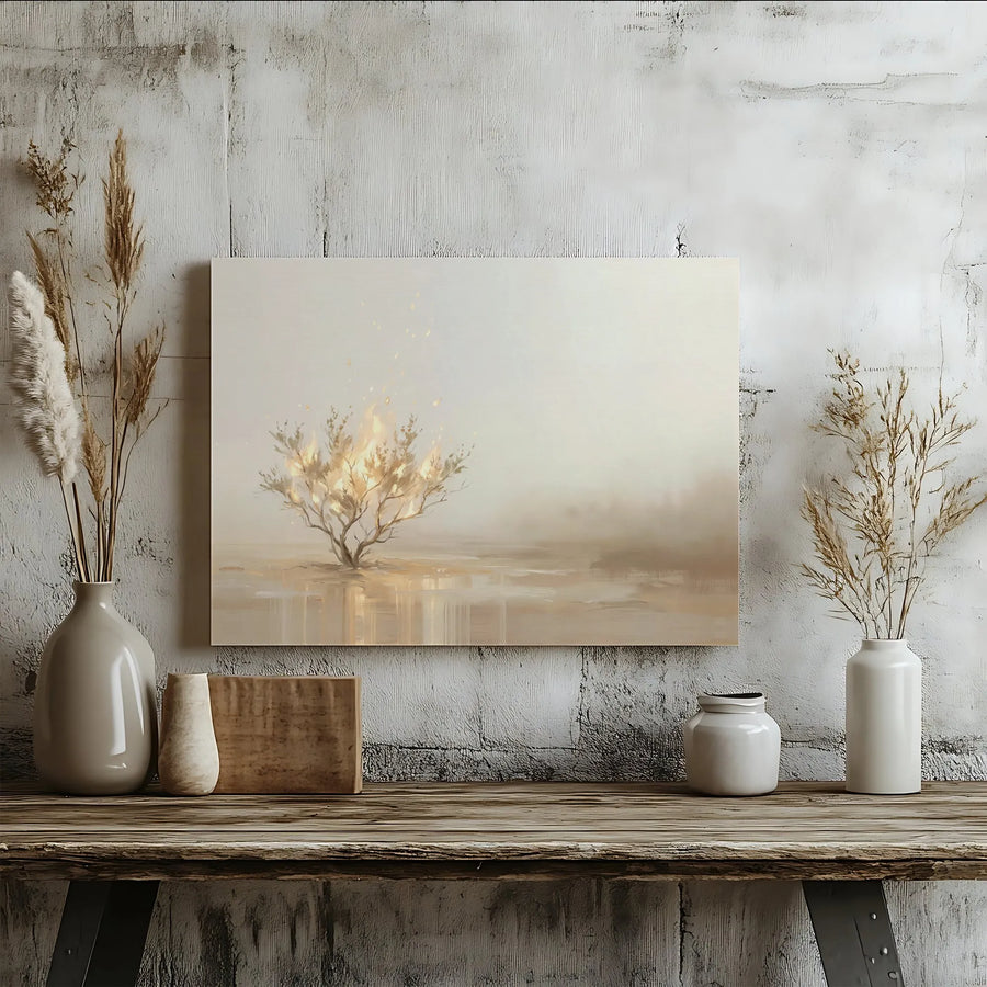 Ethereal Glowing Tree Horizontal Canvas | Minimalist Burning Bush Landscape Wall Art | Premium 1.25" Thick Gallery Wrap | Serene Home Decor Gift for Living Room