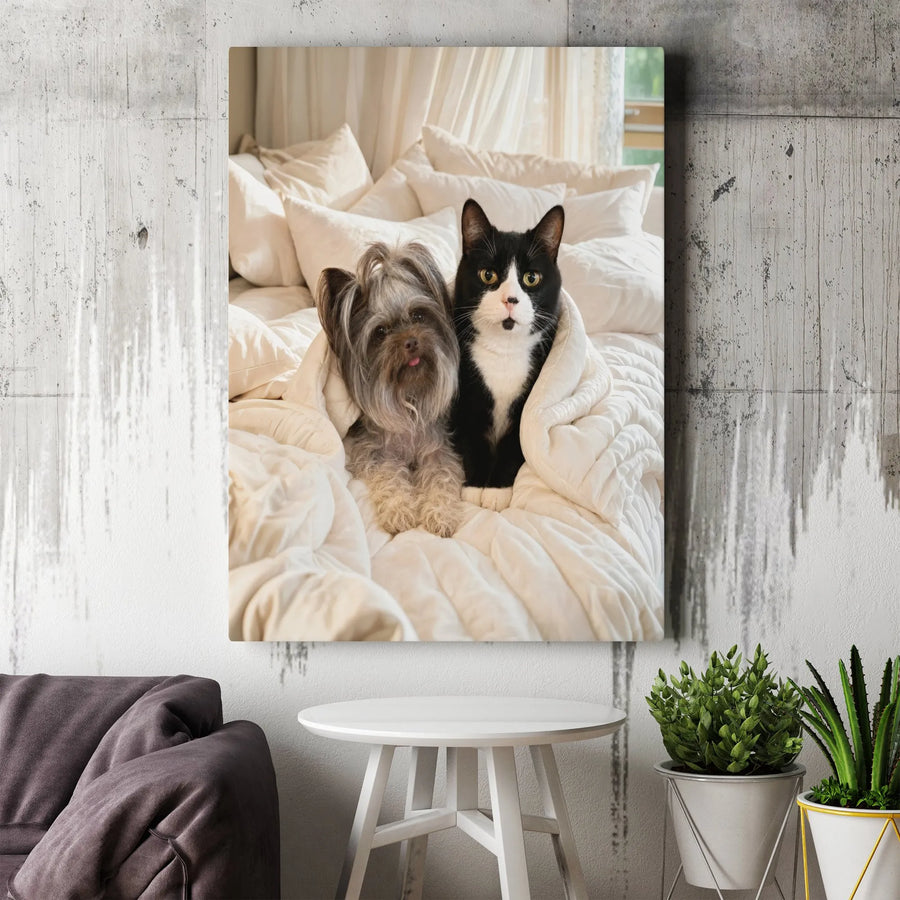 Cute Dog and Cat Bed Vertical Canvas | Adorable Tuxedo Cat & Yorkie Portrait Wall Art | Premium 1.25 Inch Gallery Wrap | Heartwarming Gift for Pet Lovers