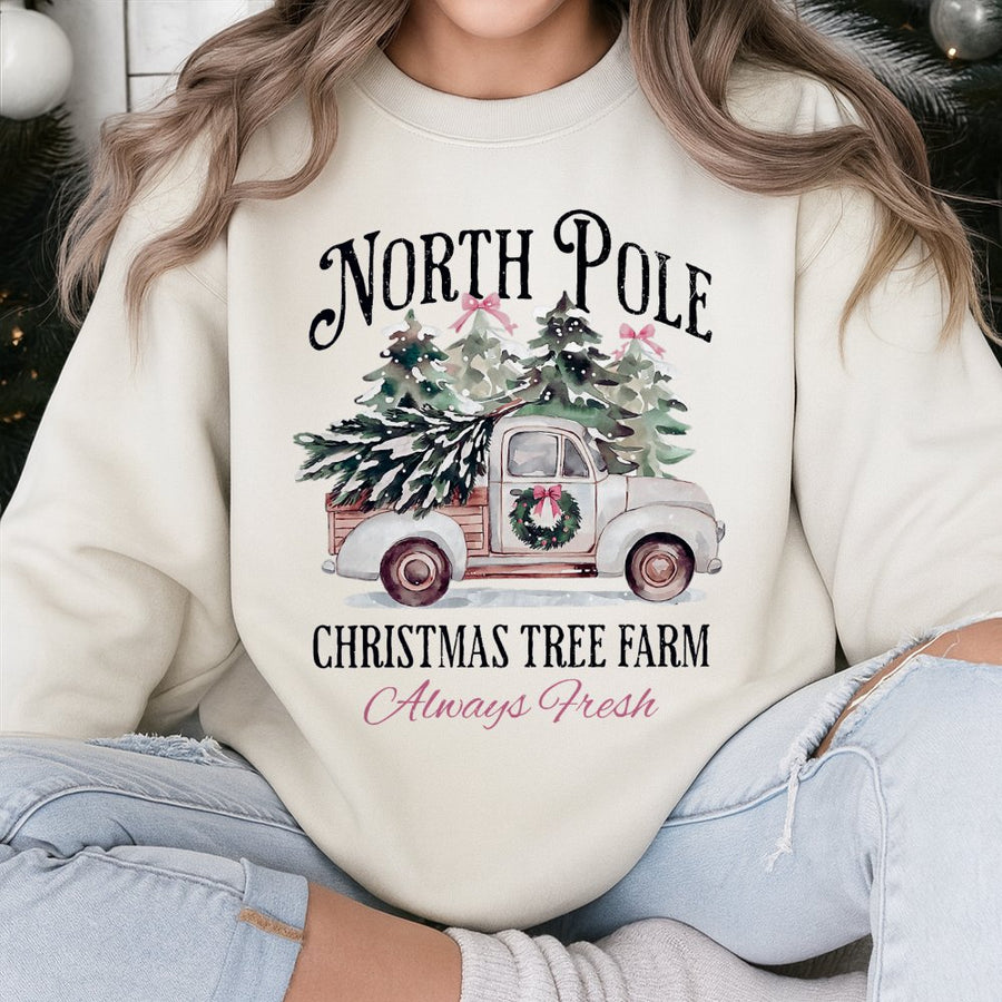 North Pole Christmas Tree Farm Sweatshirt | Rustic Vintage Truck Holiday Graphic | Premium Cotton Blend | Unisex Cozy Winter Gift