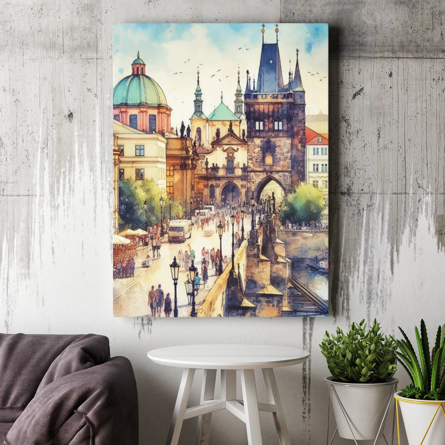 Prague Cityscape Vertical Canvas | Watercolor Charles Bridge Painting | Premium Gallery Wrap Art | European Travel Gift for Living Room Decor