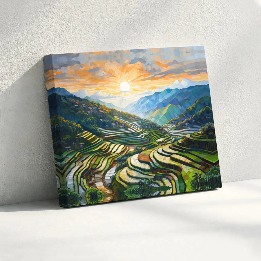 Terraced Rice Fields Canvas Print | Mosaic Landscape Wall Art | Gallery Wrapped Premium Material | Peaceful Sunrise Nature Decor for Home
