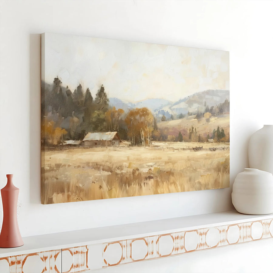 Rustic Cabin Canvas Wall Art | Autumn Mountain Landscape Impressionist Print | 1.25” Gallery Wrap | Farmhouse Home Decor Gift