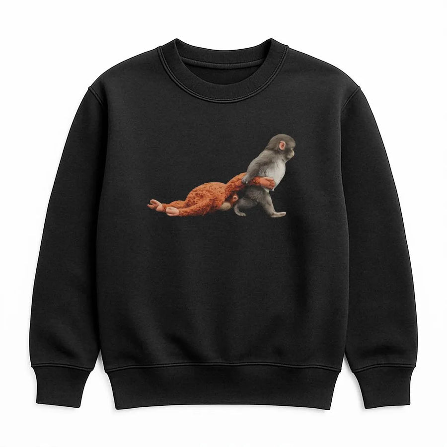 Monkey Graphic Sweatshirt | Cute Baby Primate Playing With Plushie | Premium Cotton Blend | Funny Animal Lover Gift For Men And Women
