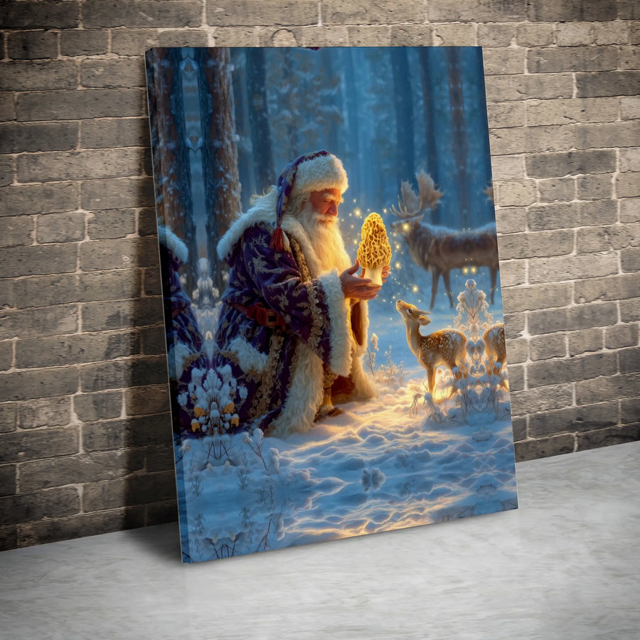 Santa Claus With Morel Mushroom Canvas Art | Winter Forest Fawn and Moose | Premium Gallery Wrap Wall Decor | Unique Christmas Gift for Foragers