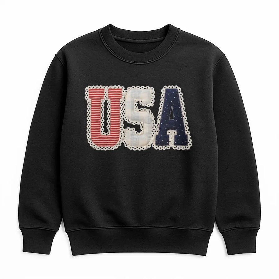 Preppy USA Sweatshirt | Coquette Faux Patchwork Graphic | Soft Cotton Blend | Patriotic Independence Day Gift for Her