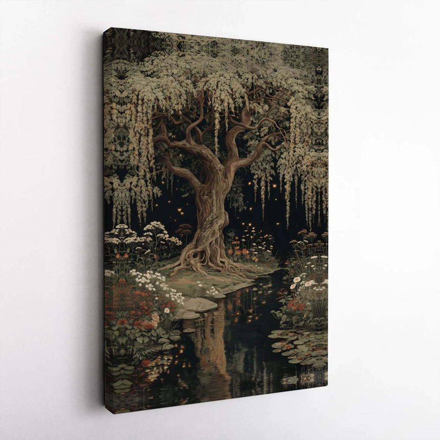 Enchanted Tree Canvas Wall Art | Vintage Firefly Night Scene | Premium Canvas Print | Dark Academia Decor Gift